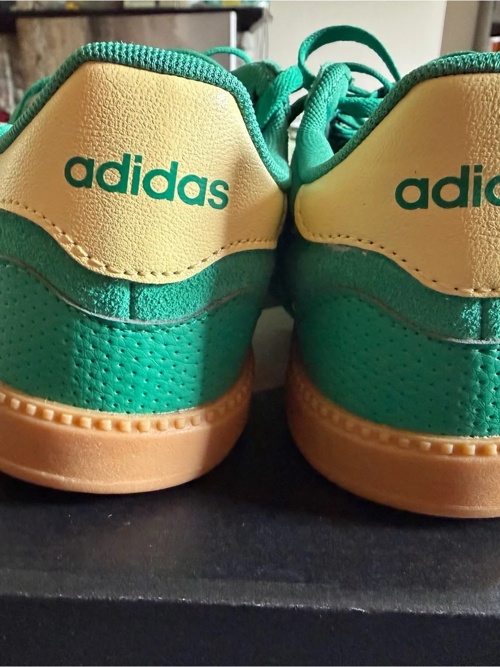 adidas Kids Green Suede Sneakers with Yellow Stripes and Gum Outsole